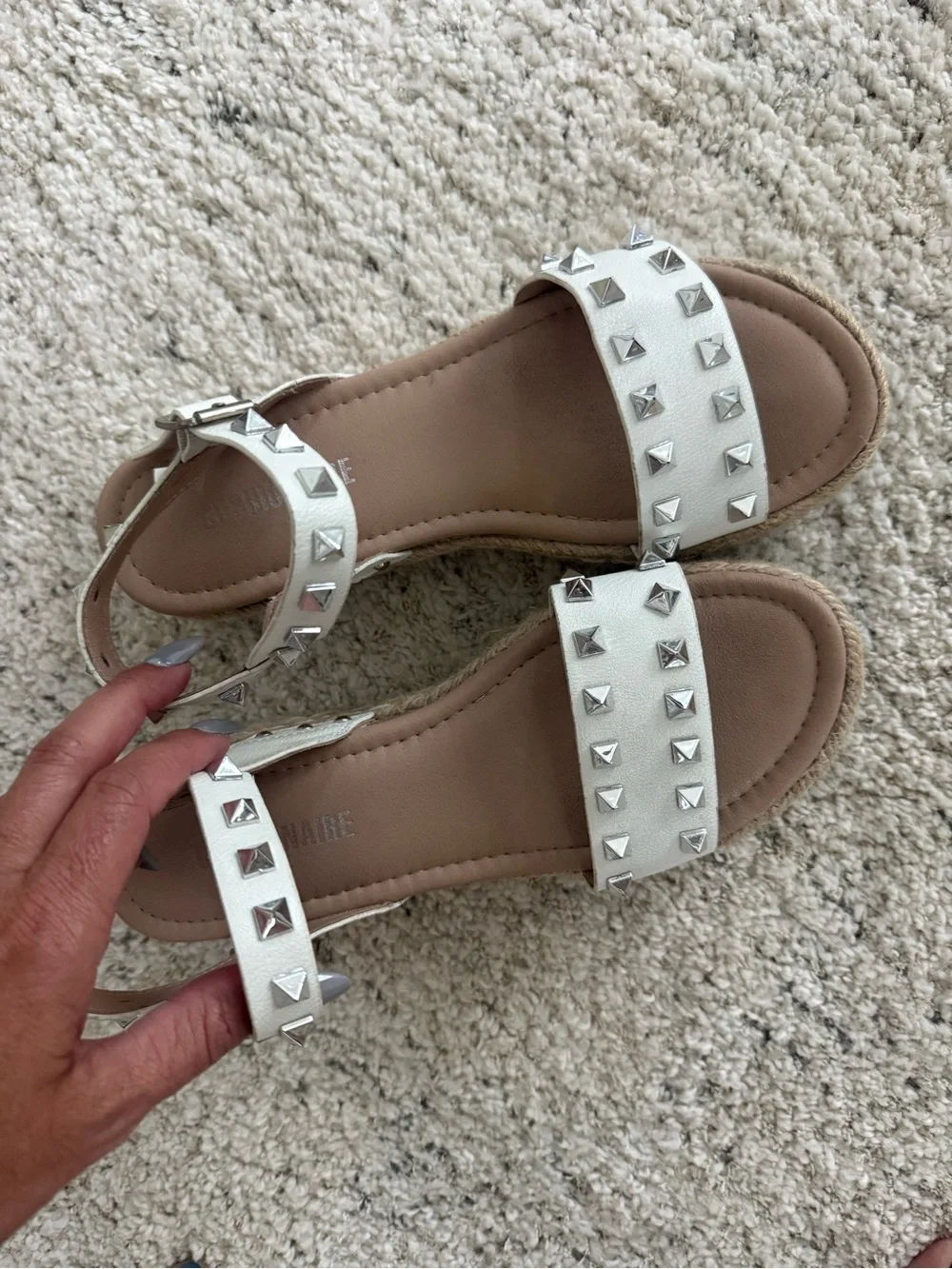 Silver-Studded White Espadrille Wedge Sandals